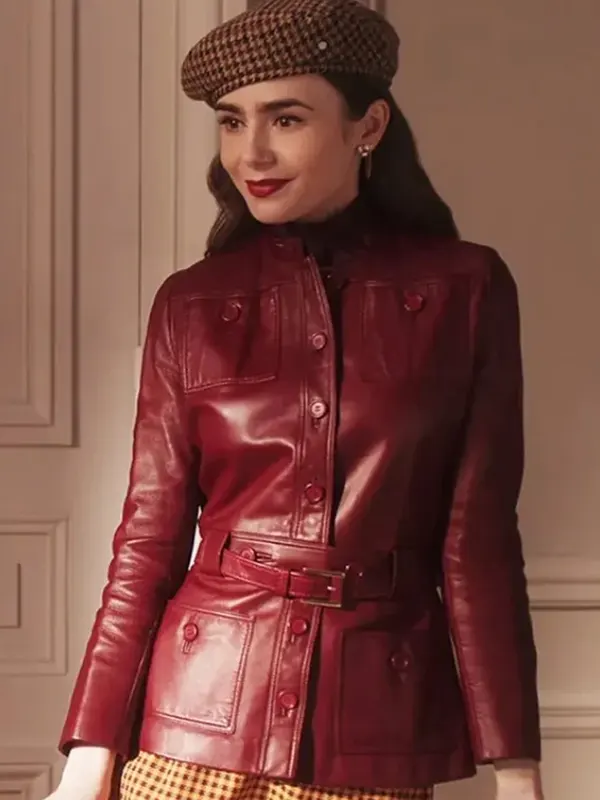 Emily-in-Paris-S04-Lily-Collins-Burgundy-Leather-Jacket.