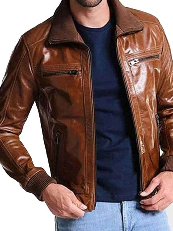 Men-Bomber-Shining-Leather-Brown-Jacket