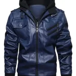 Men-Stylish-Blue-and-Black-Leather-Hooded-Jacket