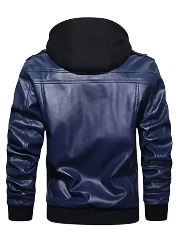 Men-Stylish-Blue-and-Black-Leather-Hooded-Jacket-Back