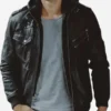 Mens-Black-Bomber-Hood-Leather-Jacket