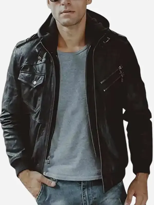 Mens-Black-Bomber-Hood-Leather-Jacket