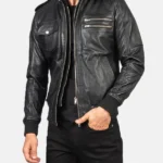 Mens-Black-Hooded-Bomber-Leather-Jacket