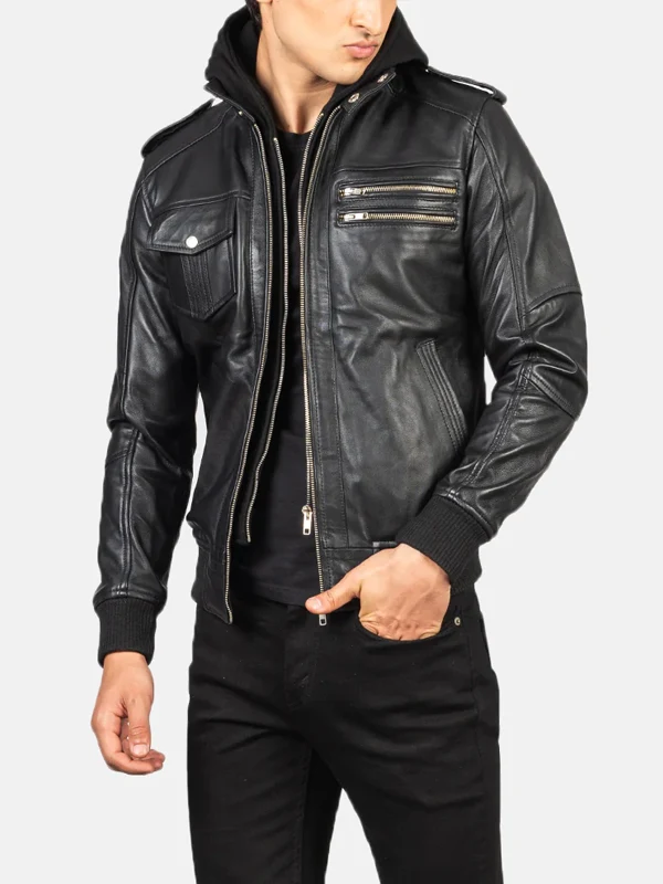 Mens-Black-Hooded-Bomber-Leather-Jacket