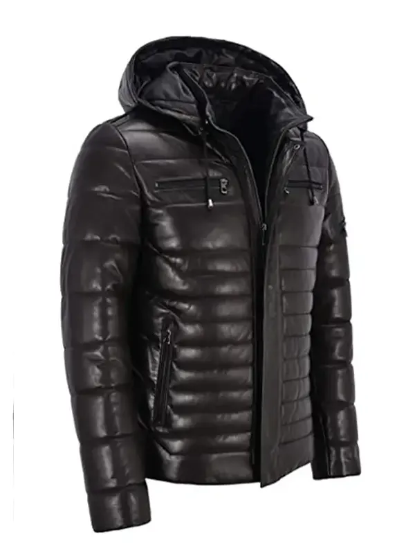 Mens-Black-Leather-Puffer-Jacket-With-Hood