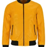 Mens-Casual-Yellow-Perforated-Bomber-Leather-Jacket
