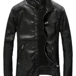 Mens-Casual-Zip-Up-Slim-Bomber-Black-Faux-Leather-Jacket.