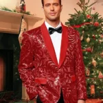 Mens-Floral-Suit-Shiny-Sequins-Red-Blazer
