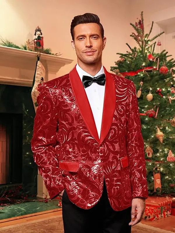 Mens-Floral-Suit-Shiny-Sequins-Red-Blazer