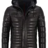 Mens-Hooded-Black-Leather-Puffer-Jacket
