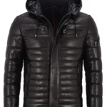Mens-Hooded-Black-Leather-Puffer-Jacket