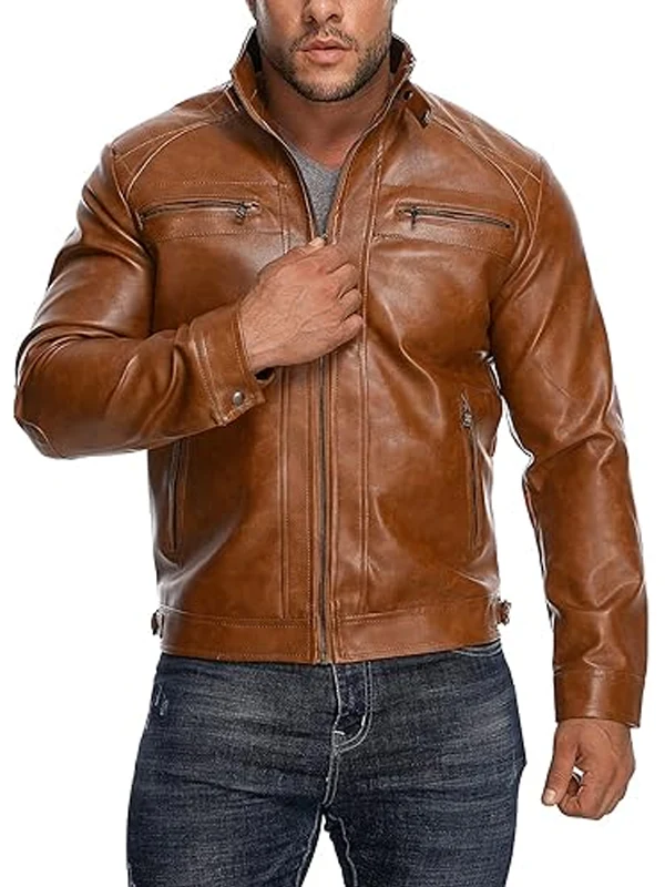 Mens-Stand-Collar-Casual-Motorcycle-Brown-Faux-Leather-Jacket.