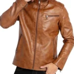 Mens-Stand-Collar-Motorcycle-Lightweight-Brown-Faux-Leather-Jacket.
