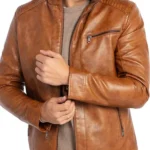 Mens-Stand-Collar-Motorcycle-Lightweight-Brown-Leather-Jacket-.