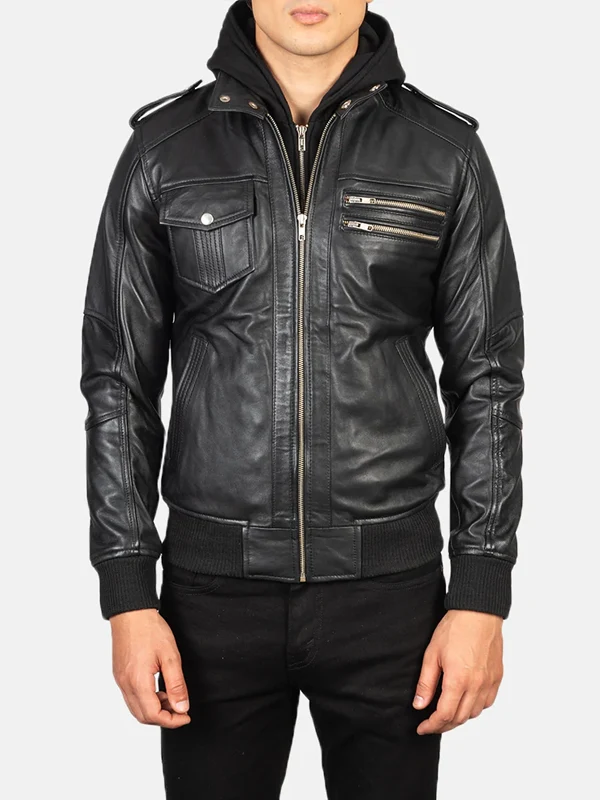 Mens-Stylish-Black-Hooded-Bomber-Leather-Jacket