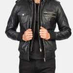 Mens-Stylish-Hooded-Black-Bomber-Leather-Jacket