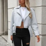 Women-Belt-Casual-Bomber-Biker-Cropped-Leather-Jacket