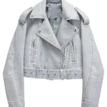 Women-Belt-Casual-Bomber-Biker-Cropped-Sky-Blue-Faux-Leather-Jacket