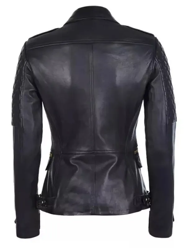 Women-Biker-Style-Black-Double-Zipper-Leather-Jacket-Back