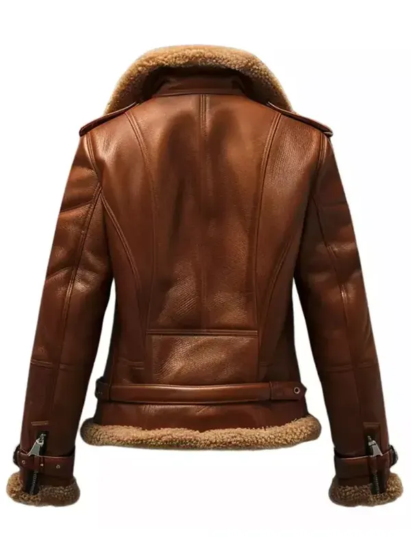 Women-Brown-Leather-Shearling-Biker-Jacket-Back