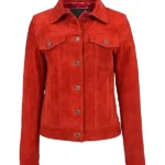 Women-Stylish-Red-Suede-Trucker-Jacket