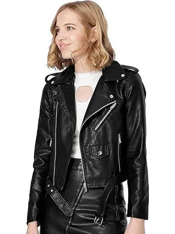 Womens-Faux-Leather-Textured-Short-Moto-Jacket