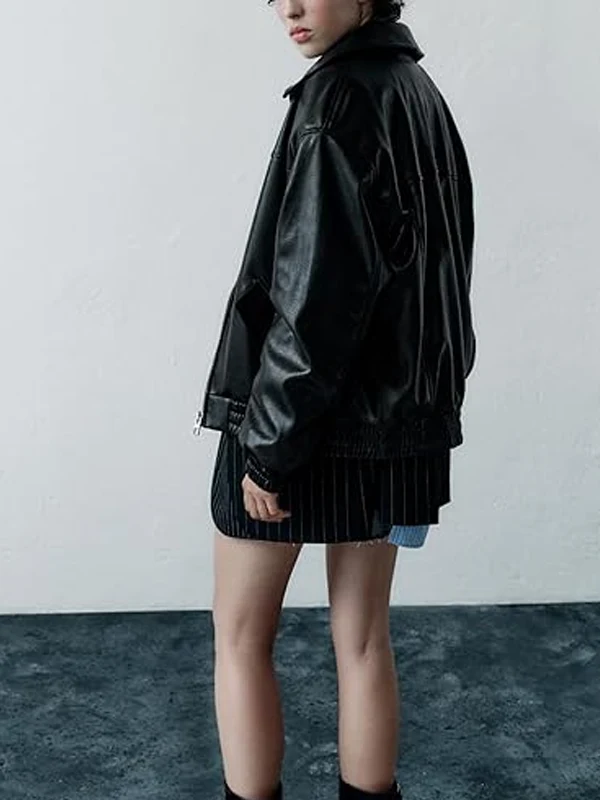 Womens-Long-Sleeve-Zip-Up-Casual-Bomber-Motorcycle-Biker-Leather-Jacket