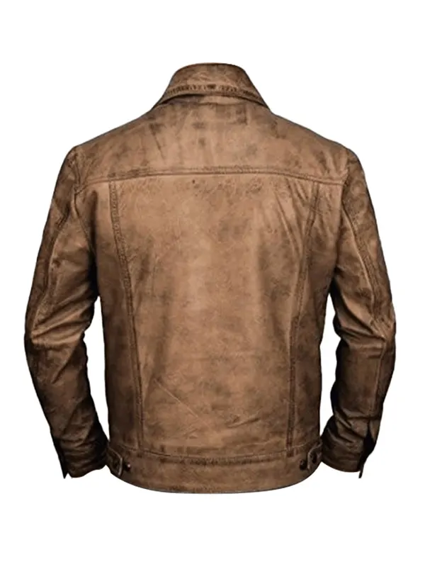 Men Distressed Leather Vintage Trucker Jacket
