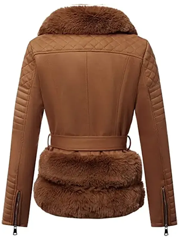 Women Brown Moto Leather Jacket Back