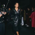 Ashley Graham Black Leather Long Coat front