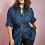 Ashley Graham Blue Cotton Belted Coat