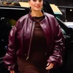 Ashley Graham Burgundy Leather Jacket front