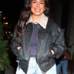 Ashley Graham Fur Collar Black Bomber Jacket front