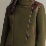 Asymmetric Olive Green Wool Jacket With Leather Trim