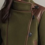 Asymmetric Olive Wool Jacket With Leather Trim