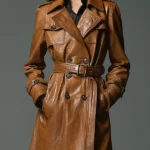 Classic Cognac-Colored Belted Faux Leather Coat