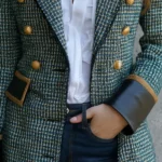 Elegant Double-Breasted Leather Trim Tweed Blazer