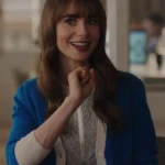Emily In Paris Season 3 Lily Collins Blue Cardigan front