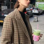 Kaia Gerber Vintage Long Belt Plaid Coat