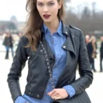 Karlie Kloss Black Leather Jacket front