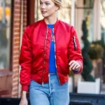 Karlie Kloss Red Bomber Jacket front