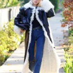 LA Elsa Hosk Black Shearling Leather Coat