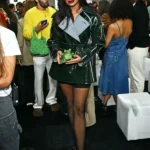 LFW 2025 Jameela Jamil Dark Glossy Green Leather Coat