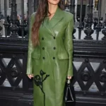 LFW 2025 Olivia Munn Green Leather Coat Front