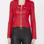 Lily Collins Emily in Paris S04 Red Leather Jacket front