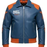 Marty Supreme Orange and Blue Leather Jacket