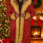 Mens Red Leather Christmas Long Coat front