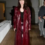 Michelle Dockery Leather Maroon Coat