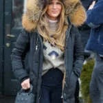 NYC Jennifer Lopez Black Fur Hooded Jacket front