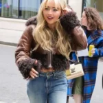 Sabrina Carpenter Cropped Leather Shearling Jacket
